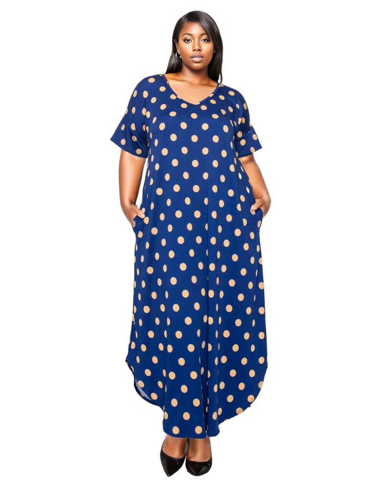 Front of a model wearing a size 18|20 Monica Polka Dot Dress in Navy Taupe by L I V D. | dia_product_style_image_id:353602